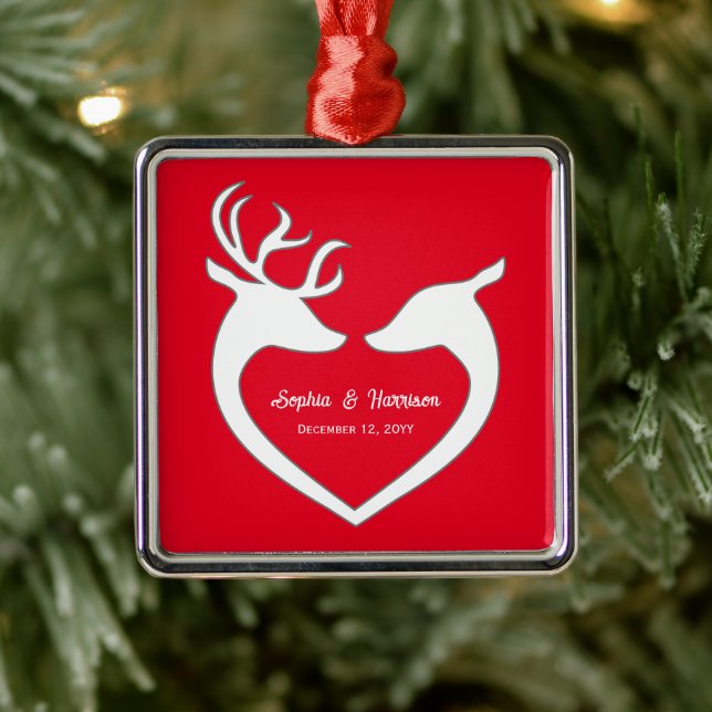 Couple's Christmas Red & White Deer Personalised Metal Tree Decoration (Tree)