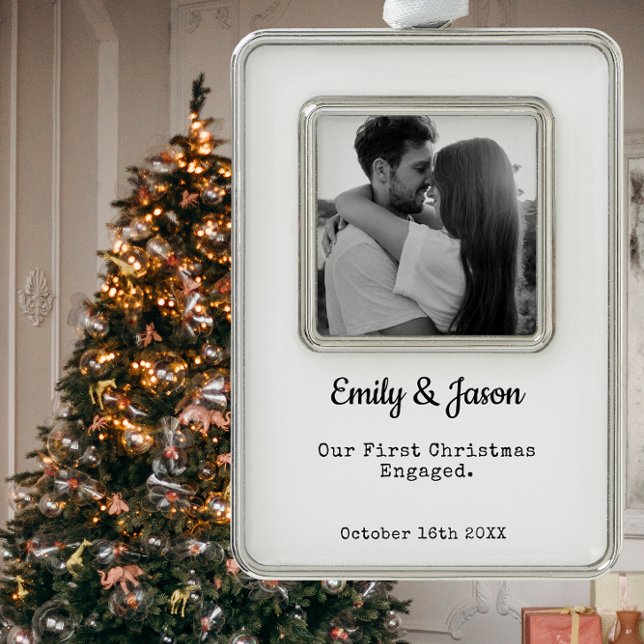 Couples Engagement Custom Photo Framed Ornament (Engaged Couple Holiday Tree Ornament with Custom Photo Template. Makes a wonderful Christmas Gift. )