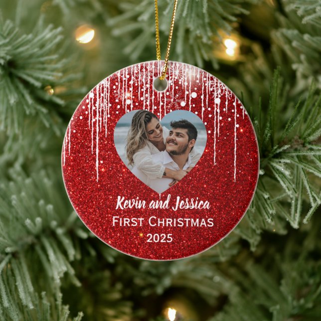 Couples First Christmas Heart Photo Name  Ceramic Tree Decoration (Tree)
