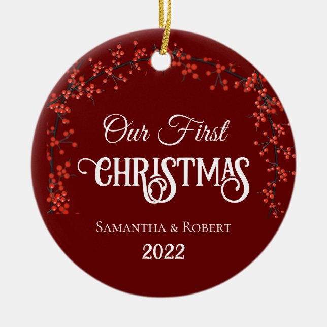 Couples First Christmas Name Date Holly Dark Red Ceramic Tree Decoration (Front)