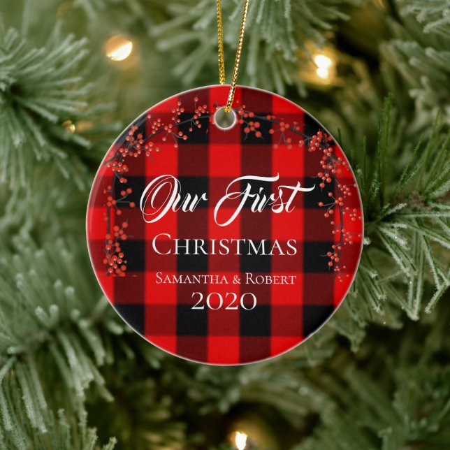Couples First Christmas Name Date Red Plaid Ceramic Tree Decoration (Tree)
