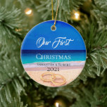 Couples First Christmas Name Date Tropical Beach Ceramic Tree Decoration<br><div class="desc">Our first Christmas with couples name and date script ornament keepsake with white script on a tropical beach background. Just add names and date on the front and a happy new year printed on the reverse. Just pick your style.</div>