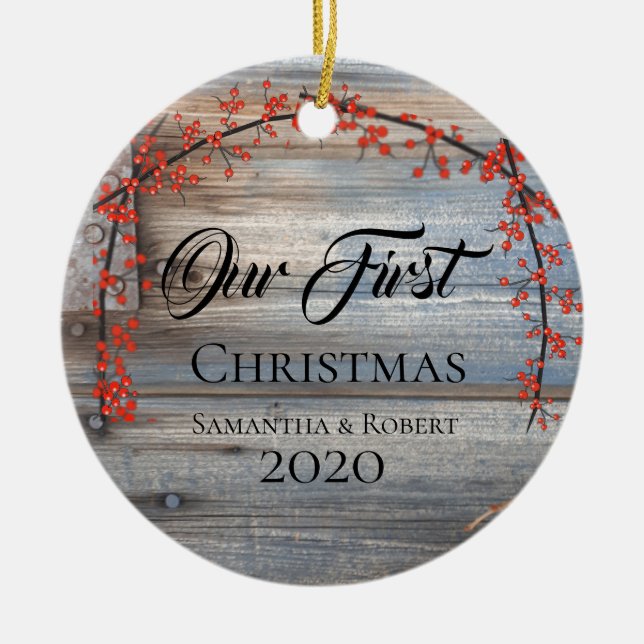 Couples First Christmas with Name Date Rustic Ceramic Tree Decoration (Front)