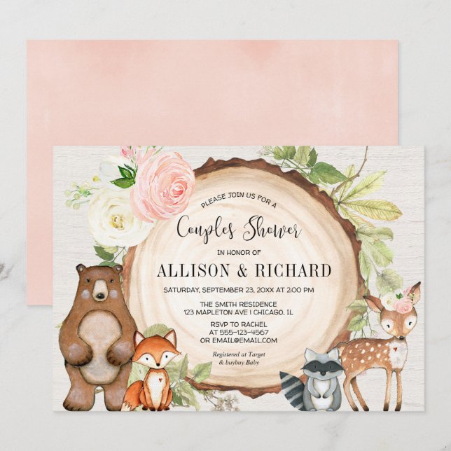 Couples girl baby shower woodland floral rustic invitation (Front/Back)