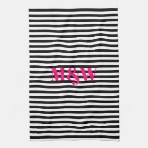 Couple's initials monogram black white stripes tea towel