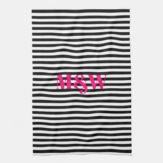 Couple's initials monogram black white stripes tea towel (Vertical)