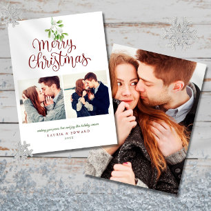 Couples Mistletoe Merry Christmas 3 Photo Holiday Card