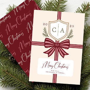 Couples Monogram Bow Rustic Non-Photo Holiday Card
