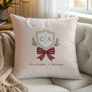 Couple's Monogram Crest Bow Christmas Throw Pillow