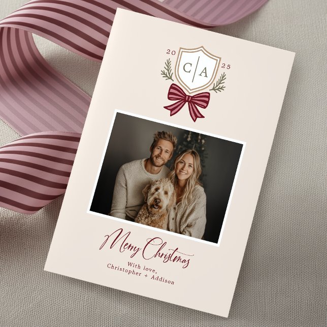 Couples Monogram Crest Bow Photo Christmas Card (Creator Uploaded)