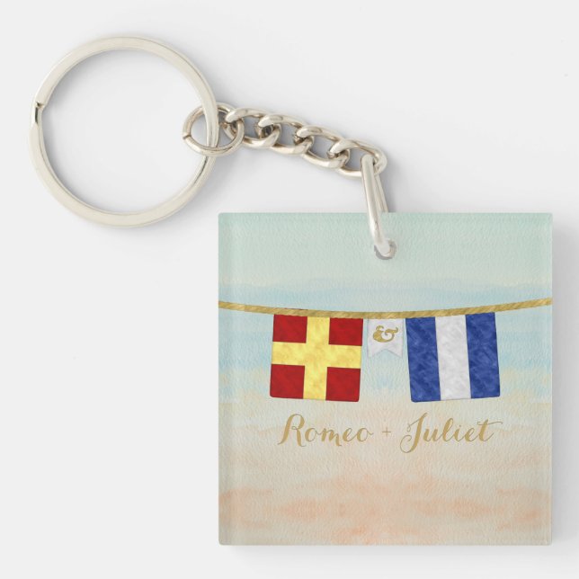 Couples Monogram Maritime Signal Flags Watercolor Key Ring (Front)