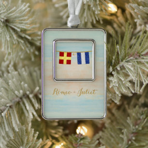 Couples Monogram Maritime Signal Flags Watercolor Silver Plated Framed Ornament