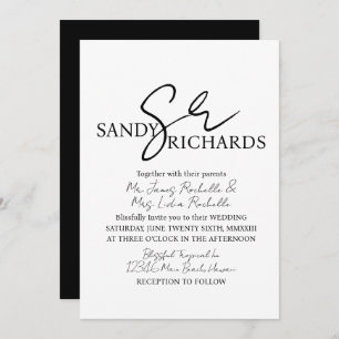 Couples Monogrammed Black White Script Wedding  Invitation