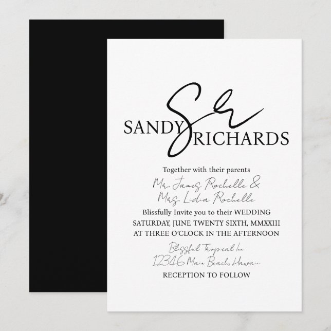 Couples Monogrammed Black White Script Wedding  Invitation (Front/Back)