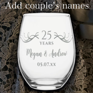 Couples Names 25th Wedding Anniversary Gift Stemless Wine Glass