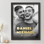 Couples names and date bold typography photo foil prints<br><div class="desc">Poster featuring your custom photo and names in a gold or silver foil modern bold font with the date below.</div>