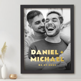Couples names and date bold typography photo foil prints