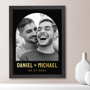 Couples names and date photo black arch frame foil prints