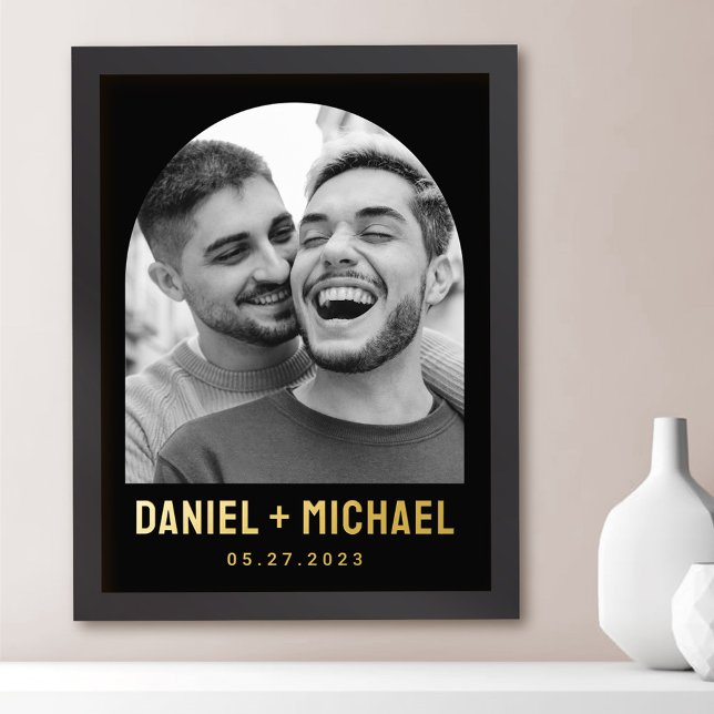 Couples names and date photo black arch frame foil prints (Creator Uploaded)
