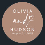 Couple's Names and Heart Modern Brown Wedding Classic Round Sticker<br><div class="desc">Natural mocha mousse brown colour romantic elegant minimalist wedding stickers</div>