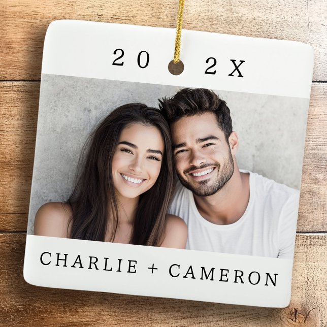 Couple's names and year modern photo ceramic ornament (Couple's names and year modern photo ceramic ornament)