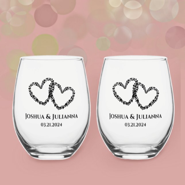 Couples Names Elegant Modern Original Heart Gift Stemless Wine Glass (Personalized Couples names and date keepsake gift, elegant unique hearts stemless wine glass)