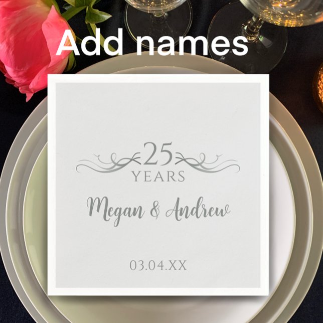 Couple's Names Modern 25th Wedding Anniversary Napkin (Customize this unique elegant silver 25th wedding anniversary party napkin w/ couple’s names & date
)