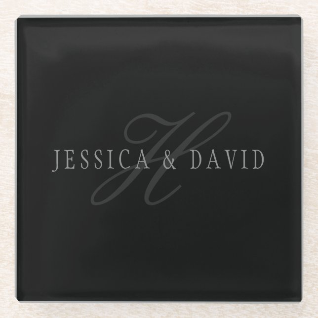 Couples Names & Surname Monogram Glass Coaster (Front)