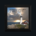 Couple's Names Wedding Date Lighthouse Sunset Gift Box<br><div class="desc">This beautiful Portland Head Lighthouse,  Maine gift box,  personalised for the newlywed couple,  has their names and wedding date on the front.</div>