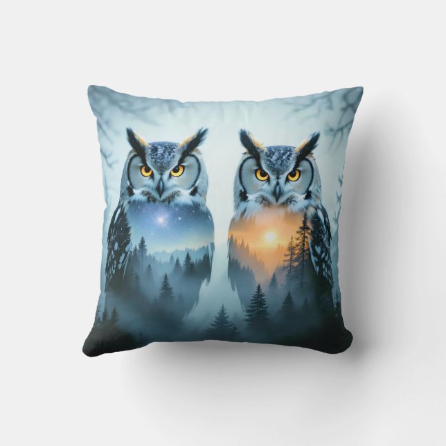 Couple's Owl Night and Day Throw Pillow (Back)