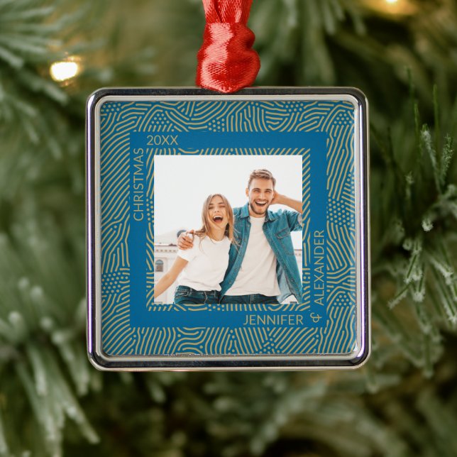 Couples Photo Gold Blue  Metal Tree Decoration (Tree)