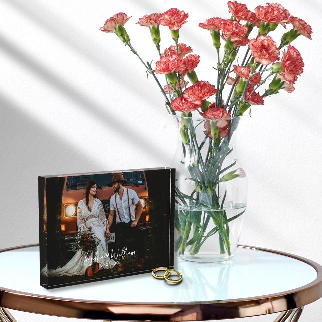 Couples Photo Name Wedding Anniversary Date Heart  Block (Rustic Elegant Wedding Photo Keepsake With Couple's Name Anniversary Wedding Date Photo block )