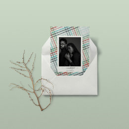 Couple's photo on blue pastel plaid print holiday card