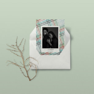 Couple's photo on blue pastel plaid print holiday card