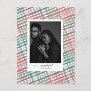 Couple's photo on pastel plaid print holiday postcard