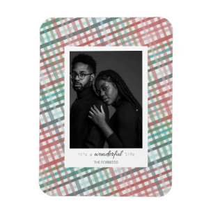 Couple's photo on pastel plaid print magnet