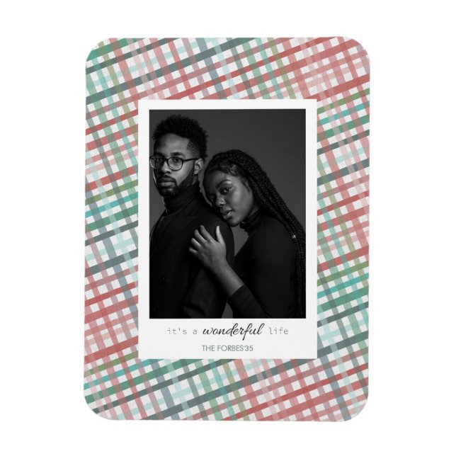 Couple's photo on pastel plaid print magnet (Vertical)
