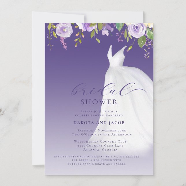 Couples Purple Floral Wedding Dress Bridal Shower Invitation (Front)