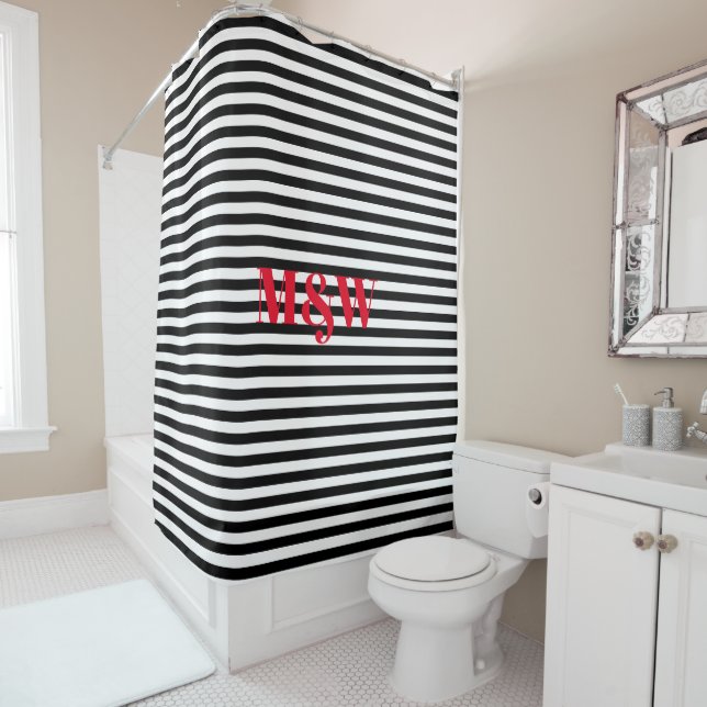 Couple's red initials monogram black white stripes shower curtain (In Situ)
