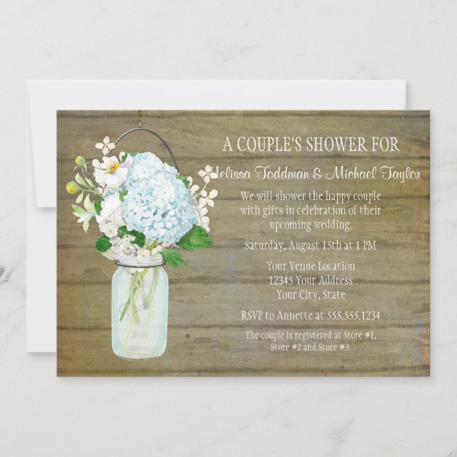 Couples Rustic Country Mason Jar Blue Hydrangeas Invitation (Front)