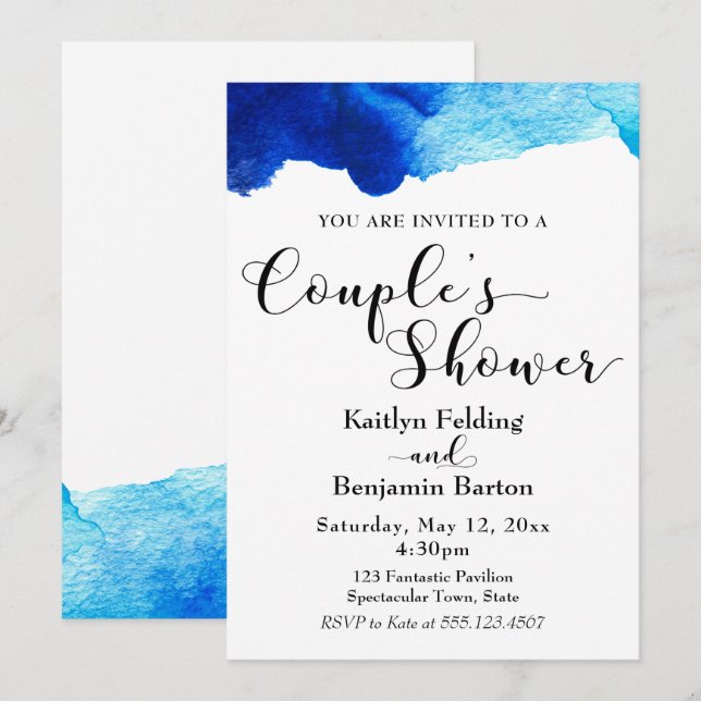 Couple's Shower Black Typography Blue Watercolor Invitation (Front/Back)