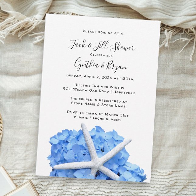 Couples Shower Blue Hydrangea Starfish Invitation (Creator Uploaded)
