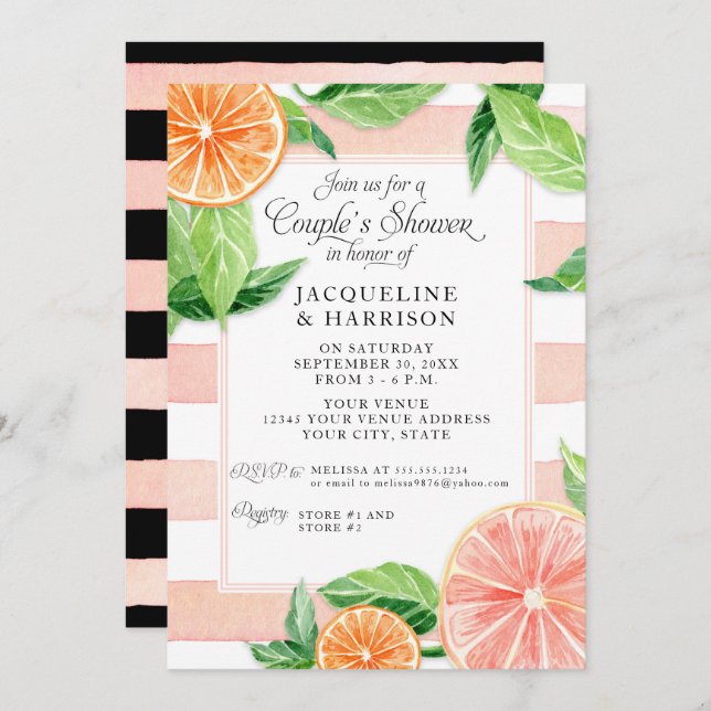 Couples Shower Citrus Pink Black Grapefruit Retro Invitation (Front/Back)
