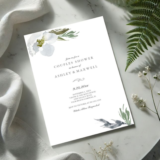 Couples Shower Cool Grey Watercolor Florals Invitation (Couples shower invitation watercolor grey flowers and greenery VG Invites)