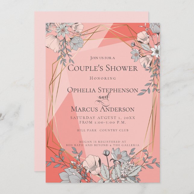 COUPLE'S SHOWER Coral Floral Geometric Gold Frame Invitation (Front/Back)