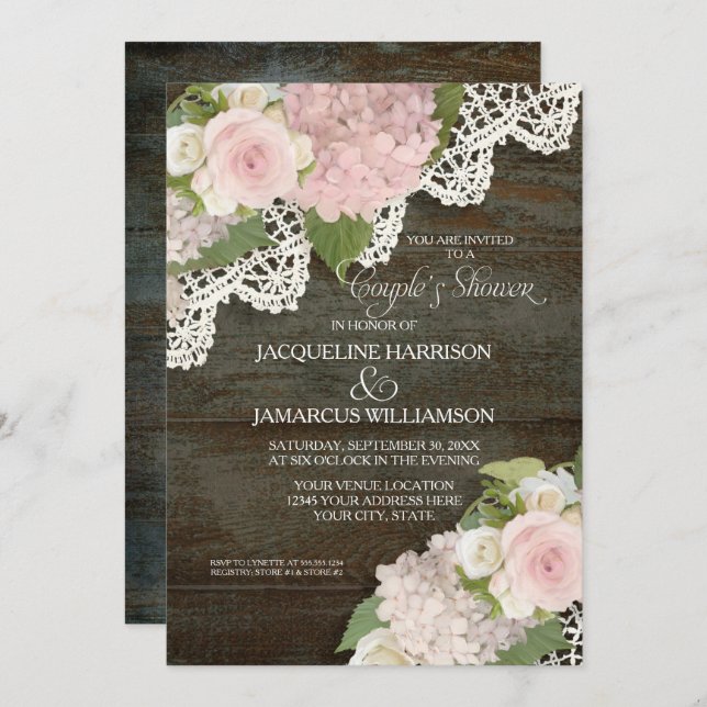 Couples Shower Dark Wood Script Pink Hydrangeas Invitation (Front/Back)