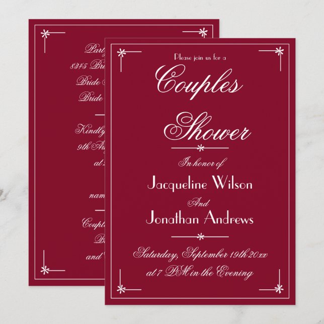 Couples Shower Elegant Burgundy Chic Custom Script Invitation (Front/Back)