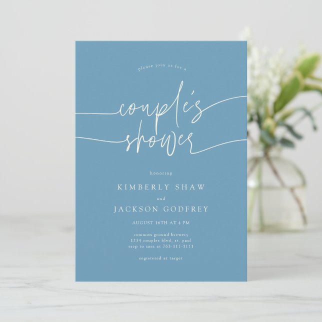 Couple's Shower Minimalist Script Denim Blue Invitation (Standing Front)