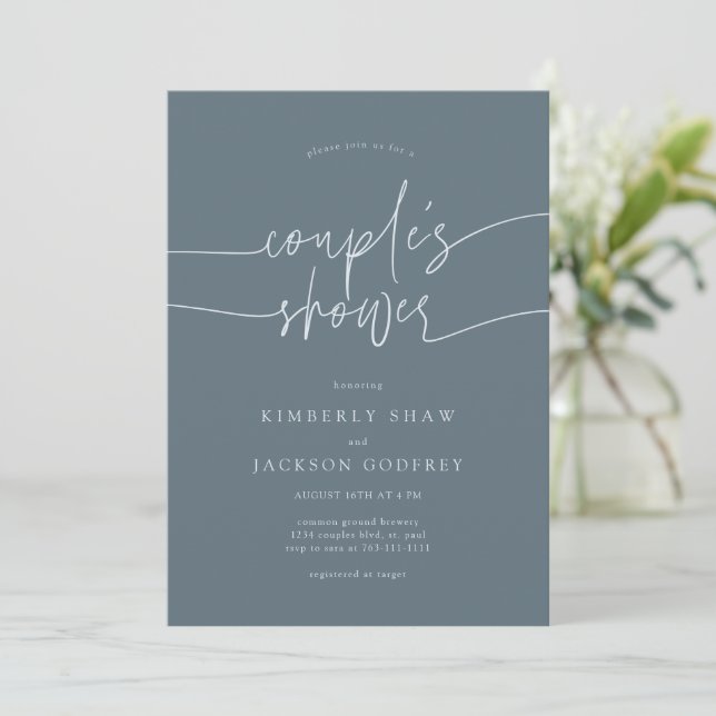 Couple's Shower Minimalist Script Slate Blue Invitation (Standing Front)