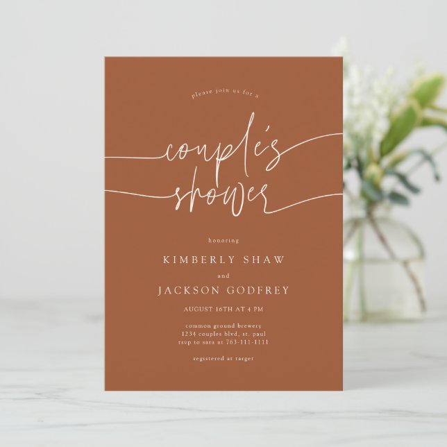 Couple's Shower Minimalist Script Terracotta Invitation (Standing Front)